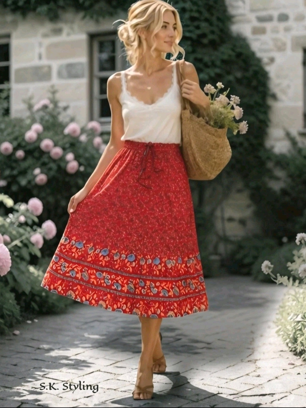 Zesica Boho Ditsy Floral Tiered Skirt Prairie Cottagecore Drawstring Pockets M